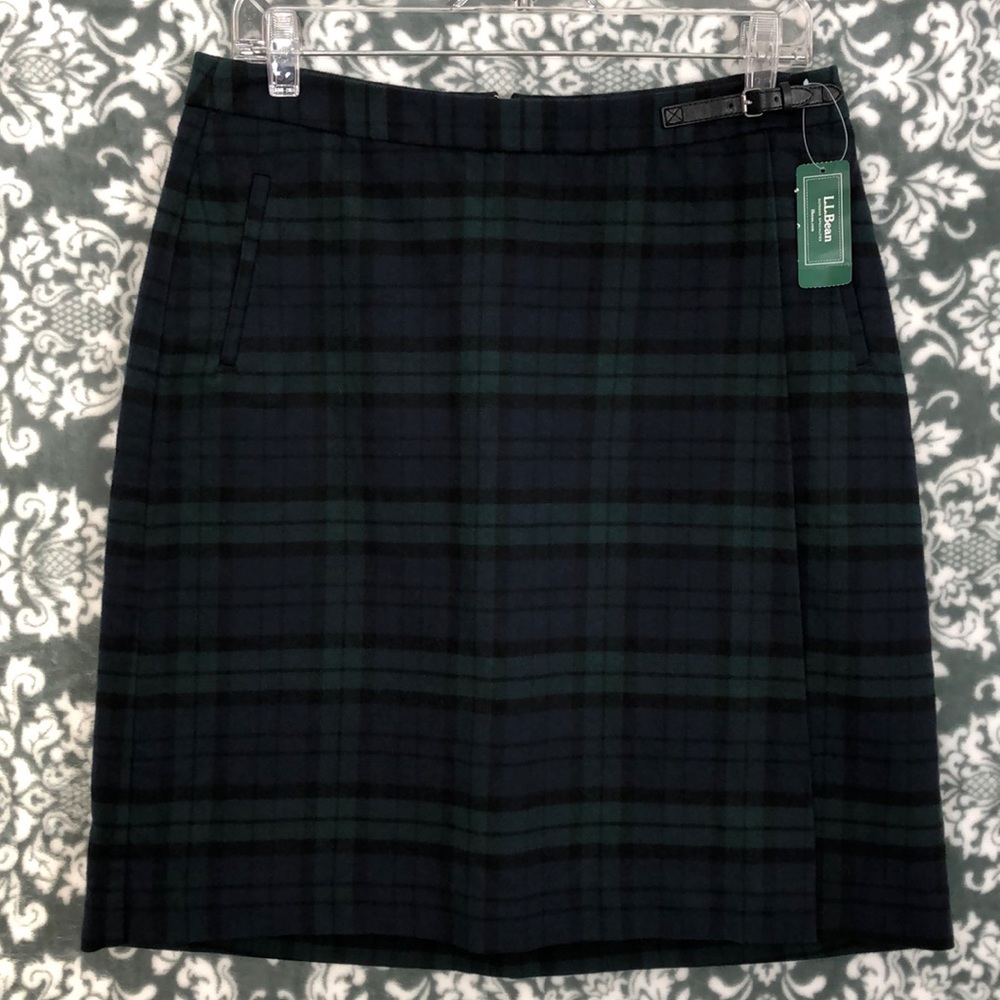 NWT LL Bean Faux Wrap Black Watch Plaid Skirt